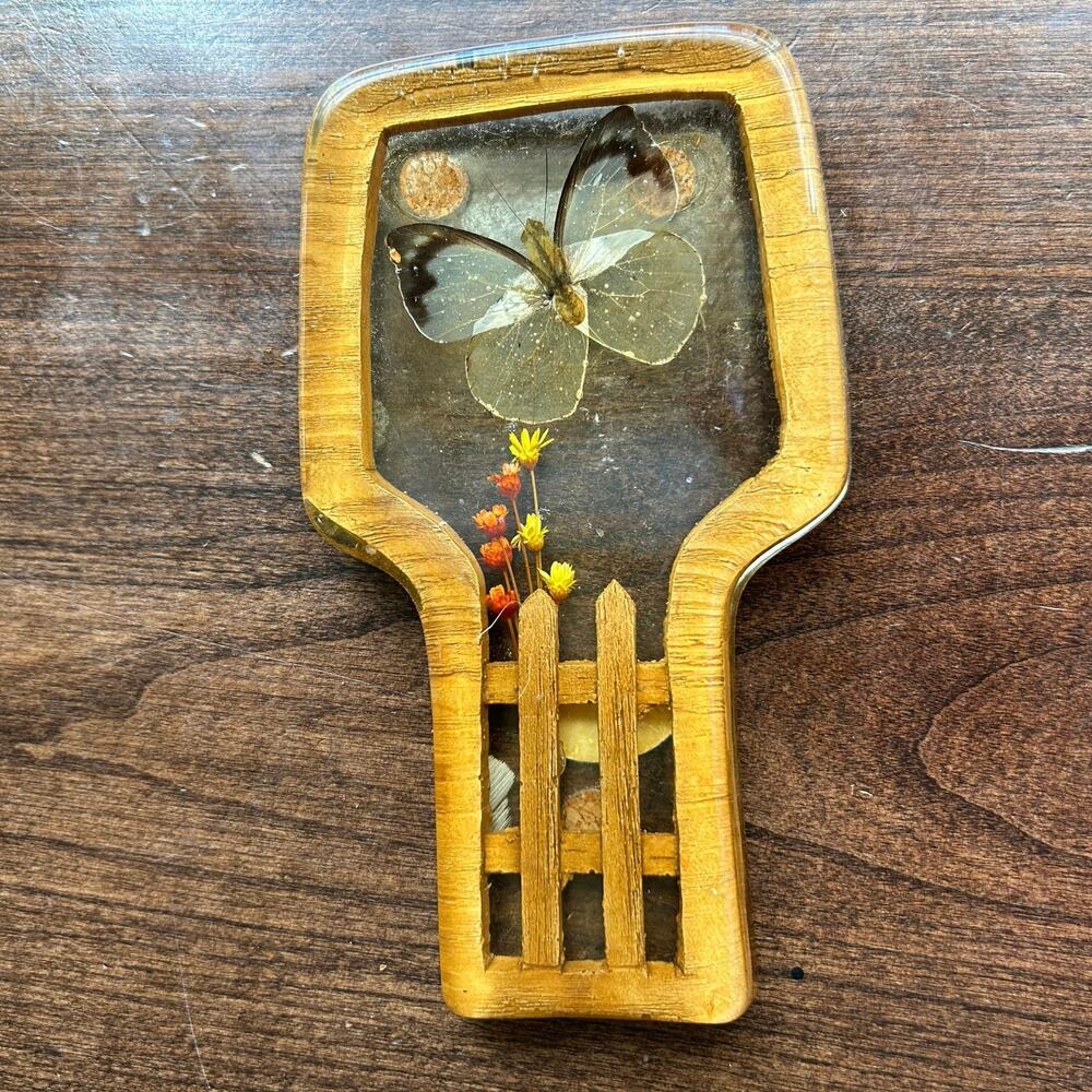 Lucite  Acrylic Resin Spoon Rest Dried Flowers Butterfly Design USA